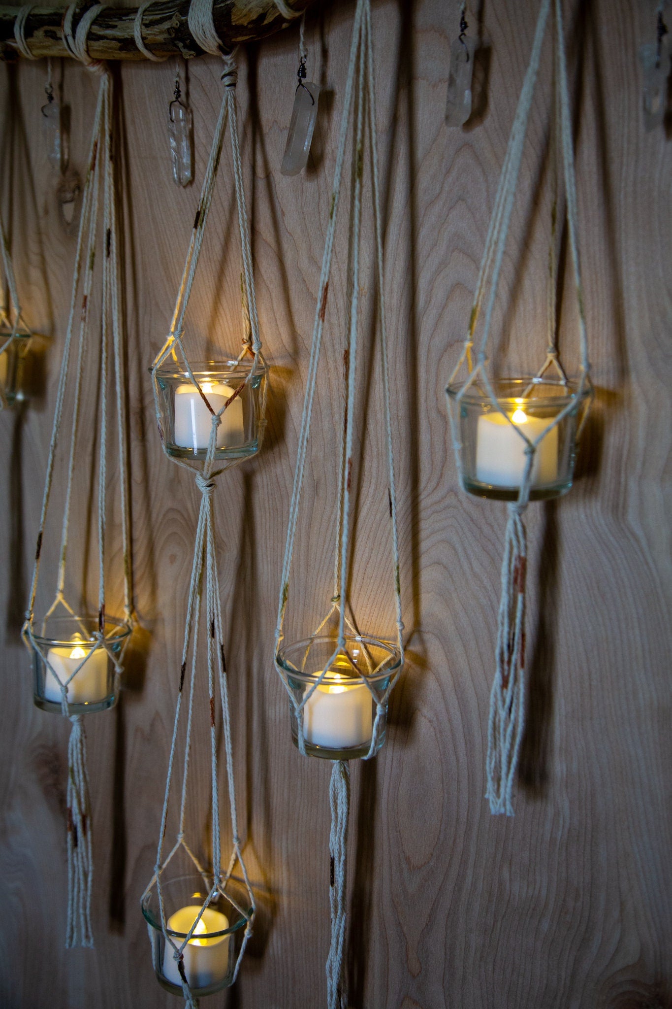 Quartz crystal candle holder driftwood wall hanging