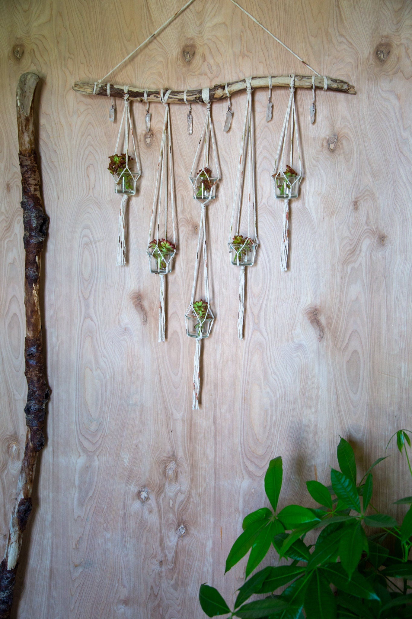 Quartz crystal candle holder driftwood wall hanging
