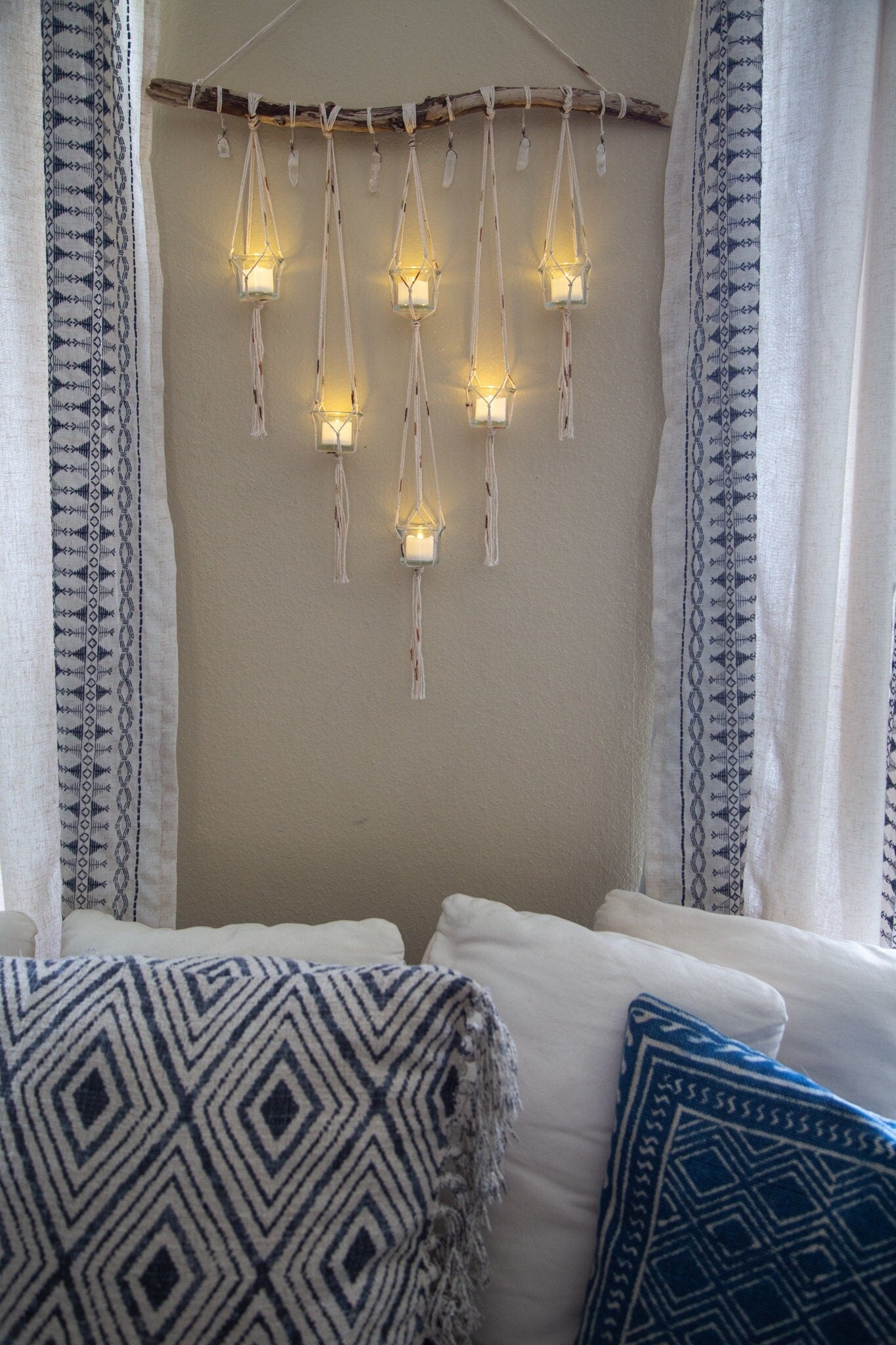 Quartz crystal candle holder driftwood wall hanging