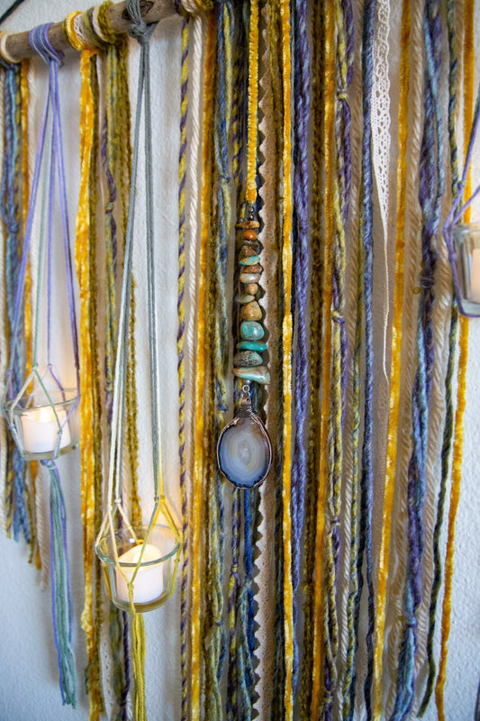 Plant Hanger Wall Hanging / Driftwood Gemstone Fiber Wall Art / Candle Holder Wall Decor / Colorful Boho Home Decor / Mother's Day gift