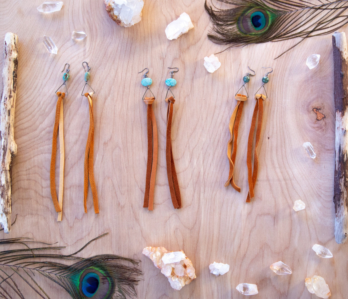 Leather Gemstone Triangle Long Drop Down Earrings