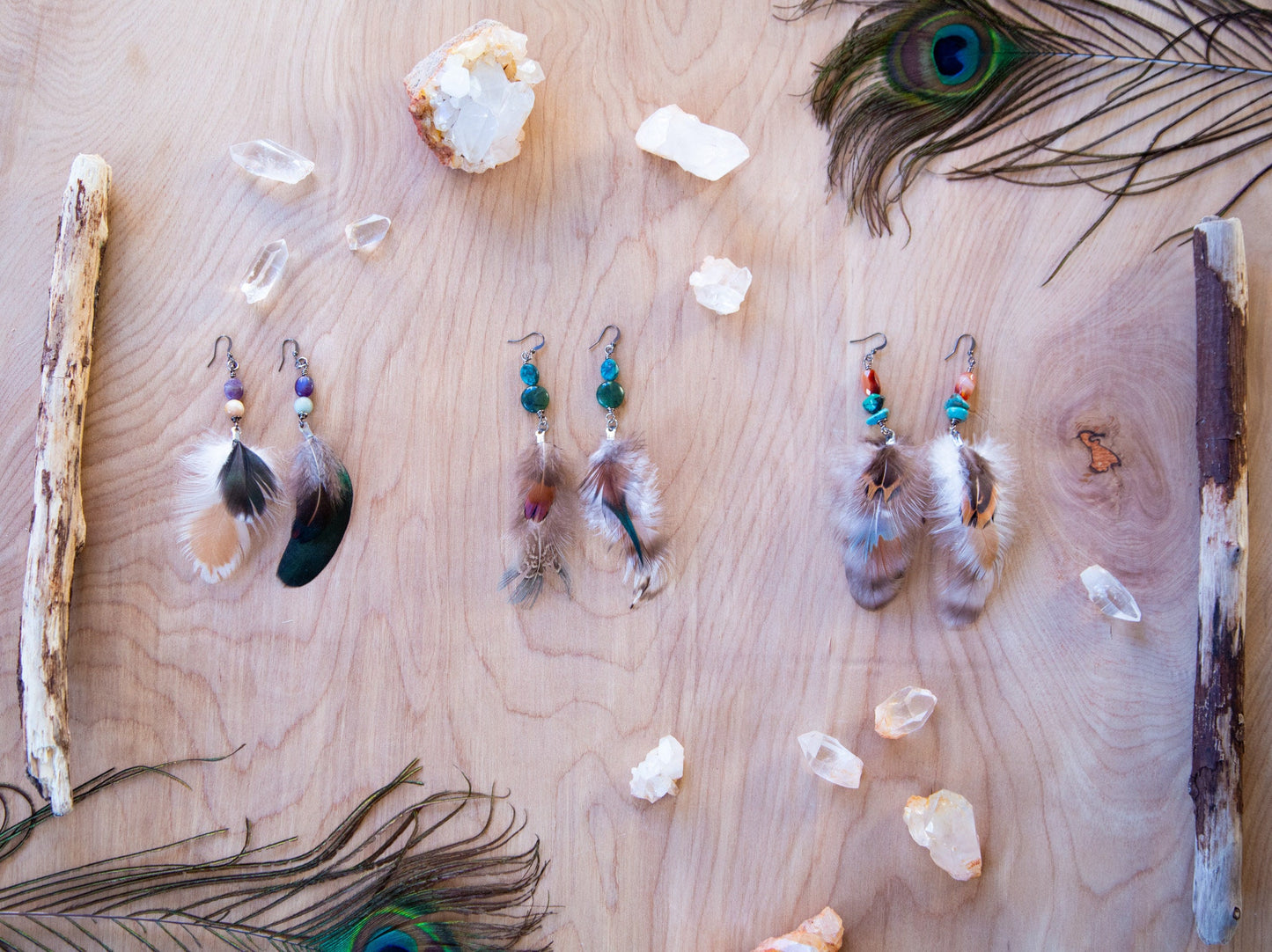Feather Gemstone Earrings / Festival Earrings / Bohemian Earrings / Festival Fashion