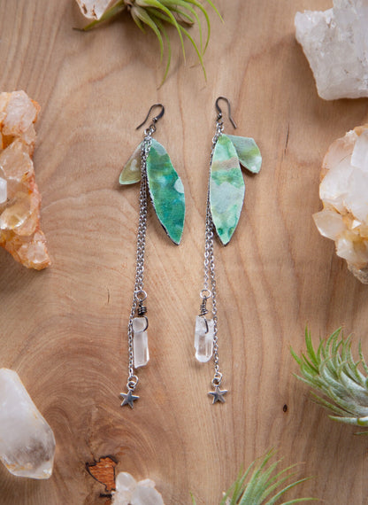 Fairy Wing Dangling Earrings with Quartz Crystal and Chain / Whimsical Earrings / Free Spirit Earrings / Fae Earrings / Bohemian Style