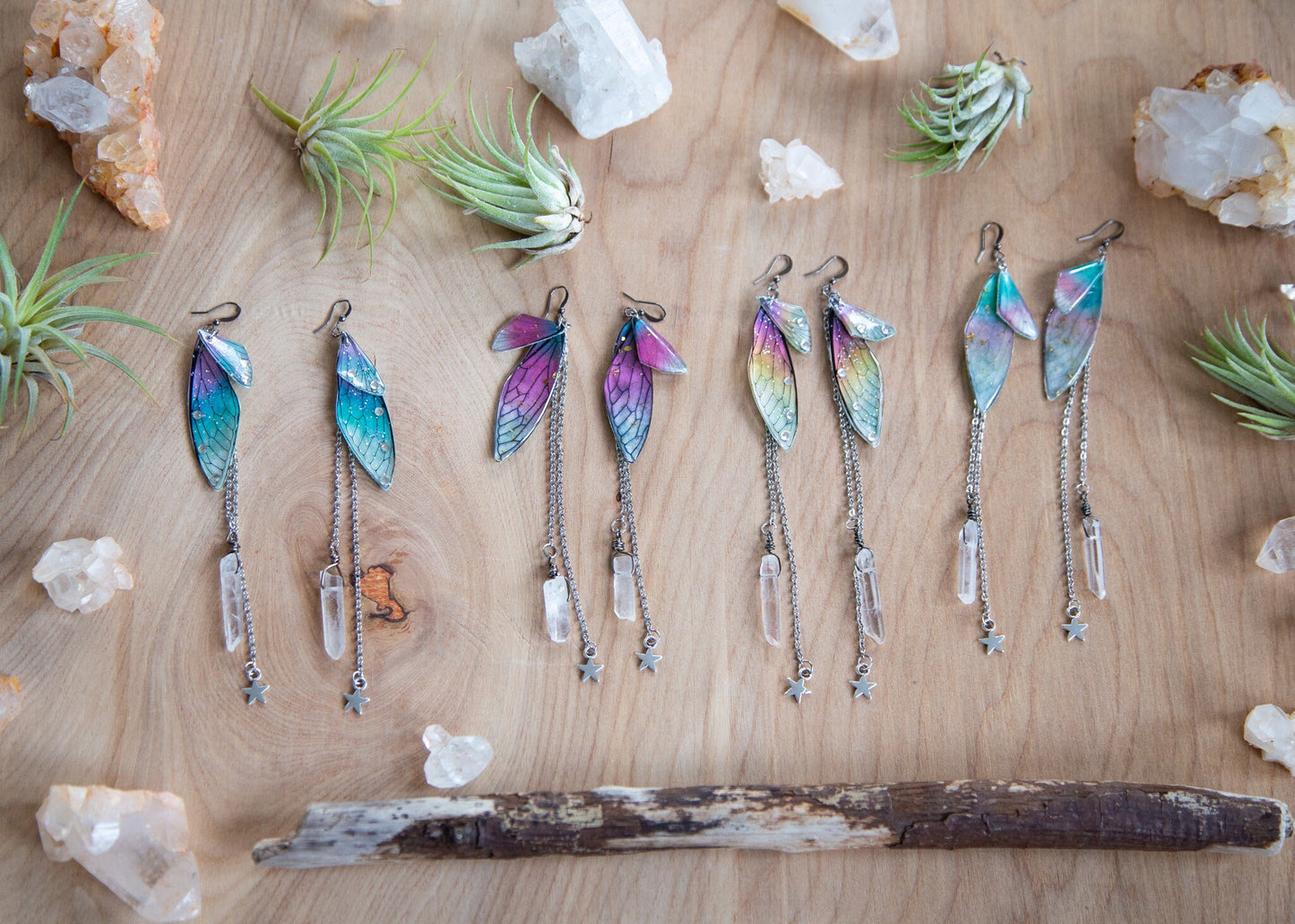 Fairy Wing Dangling Earrings with Quartz Crystal and Chain / Whimsical Earrings / Free Spirit Earrings / Fae Earrings / Bohemian Style