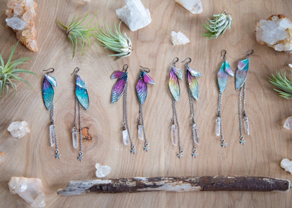 Fairy Wing Dangling Earrings with Quartz Crystal and Chain / Whimsical Earrings / Free Spirit Earrings / Fae Earrings / Bohemian Style