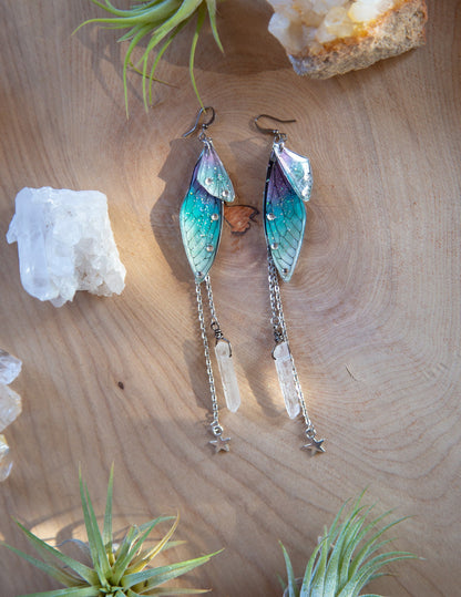 Fairy Wing Dangling Earrings with Quartz Crystal and Chain / Whimsical Earrings / Free Spirit Earrings / Fae Earrings / Bohemian Style