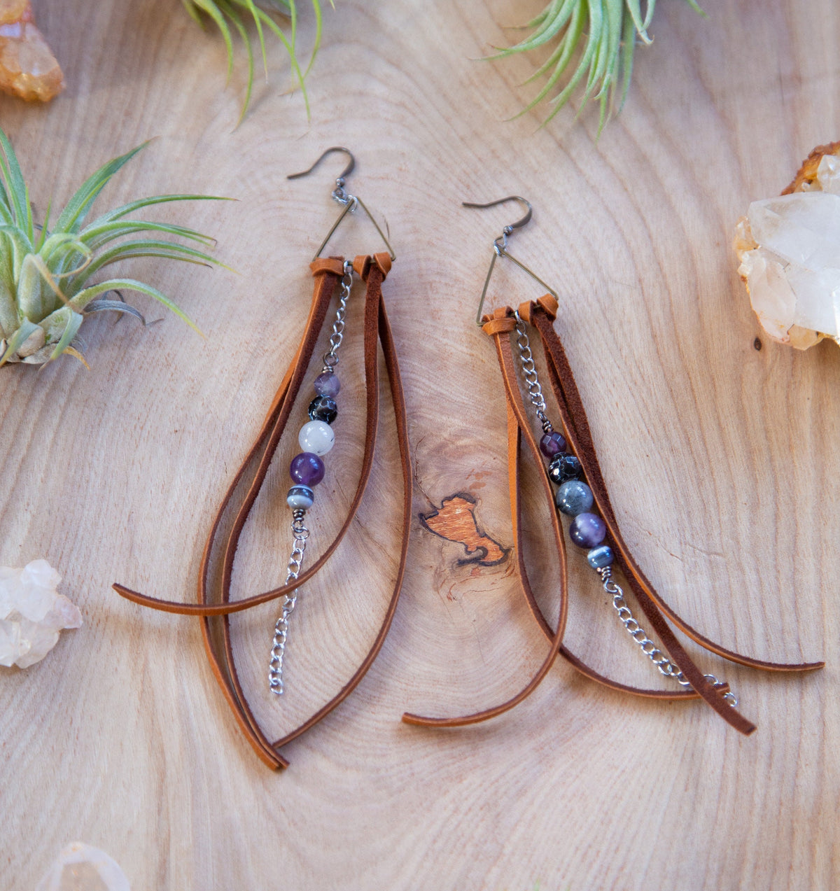 Leather Gemstone Triangle Chain Dangling Earrings