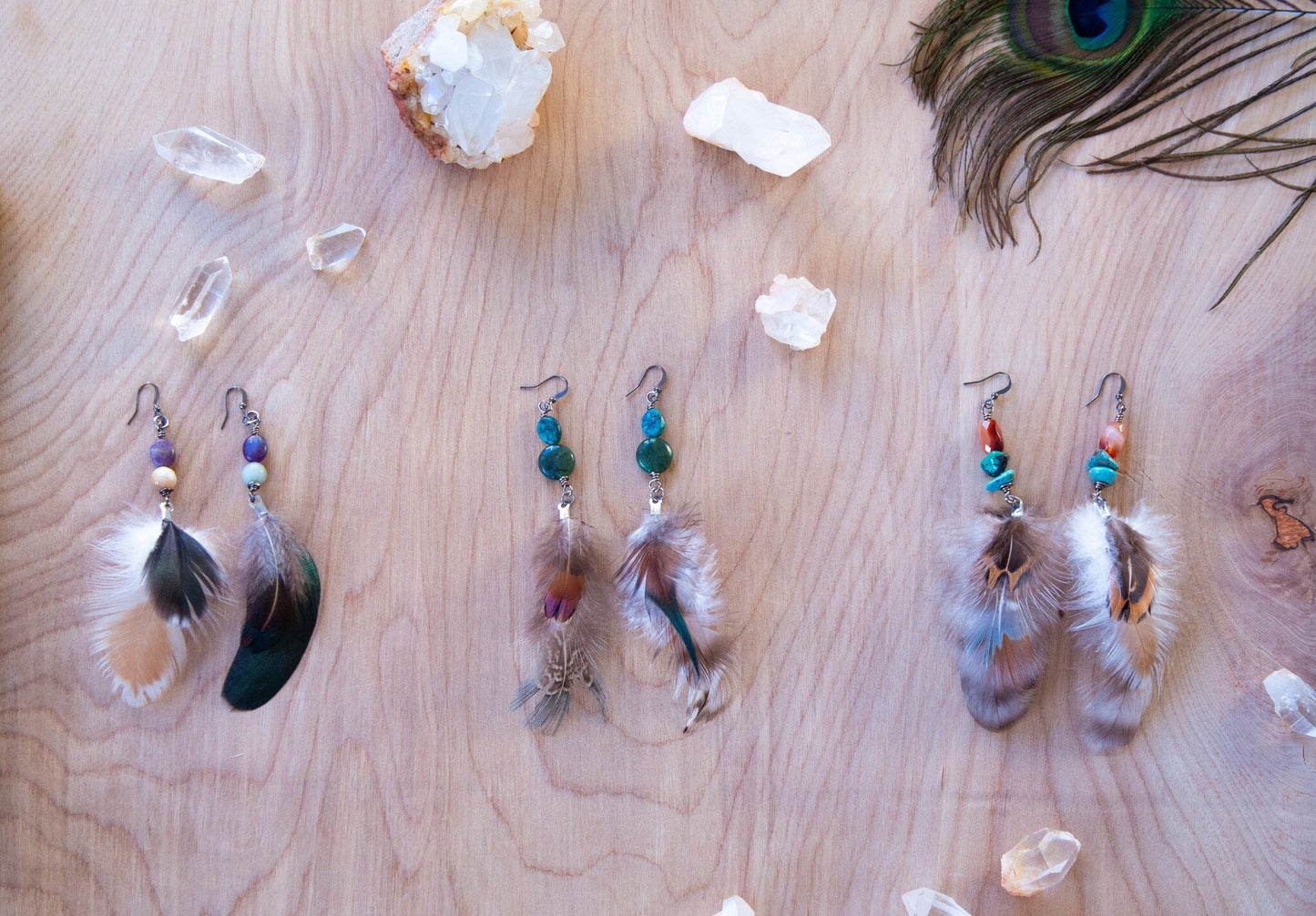 Feather Gemstone Earrings / Festival Earrings / Bohemian Earrings / Festival Fashion