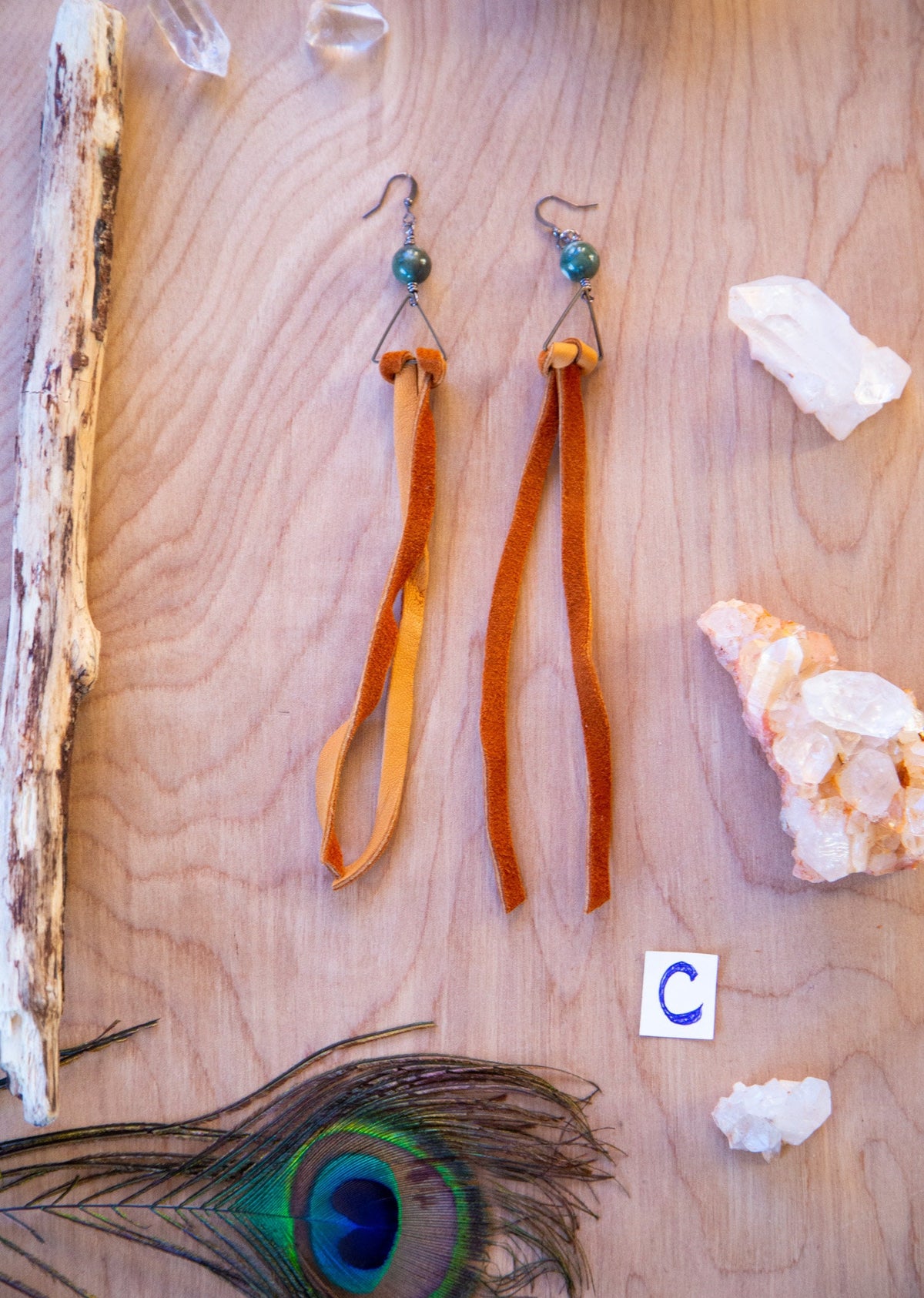 Leather Gemstone Triangle Long Drop Down Earrings