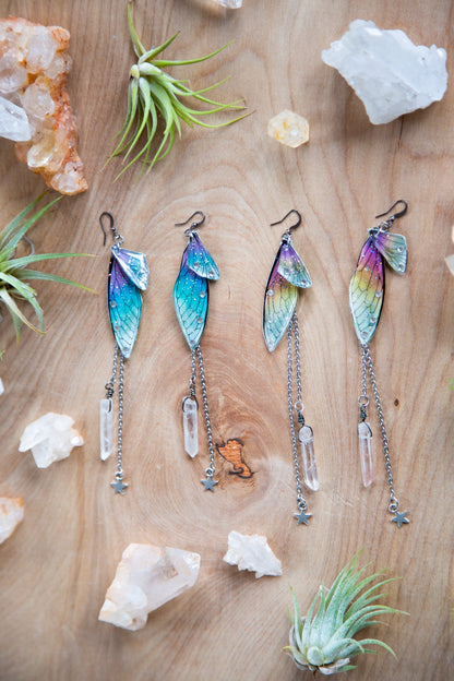 Fairy Wing Dangling Earrings with Quartz Crystal and Chain / Whimsical Earrings / Free Spirit Earrings / Fae Earrings / Bohemian Style