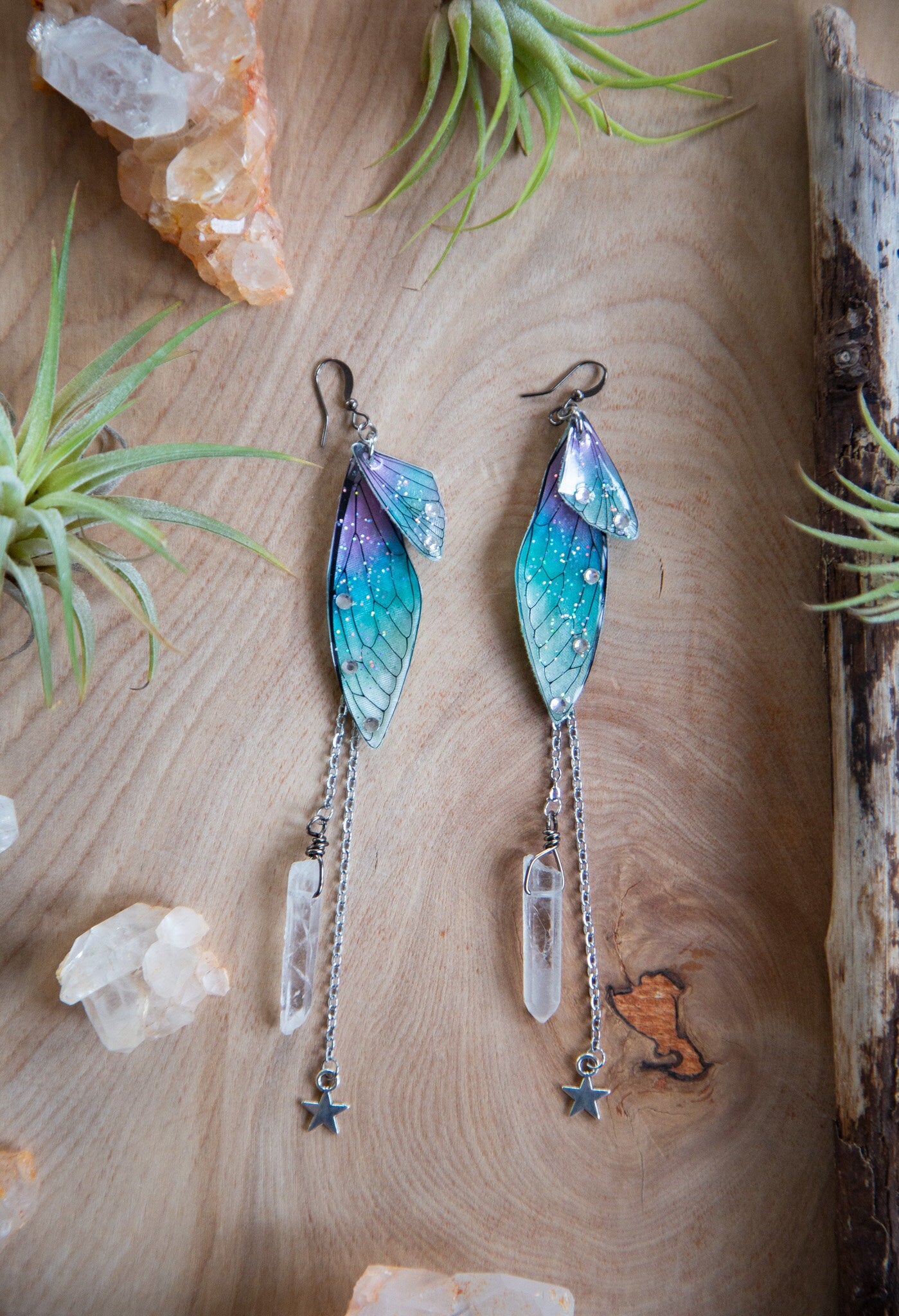 Fairy Wing Dangling Earrings with Quartz Crystal and Chain / Whimsical Earrings / Free Spirit Earrings / Fae Earrings / Bohemian Style