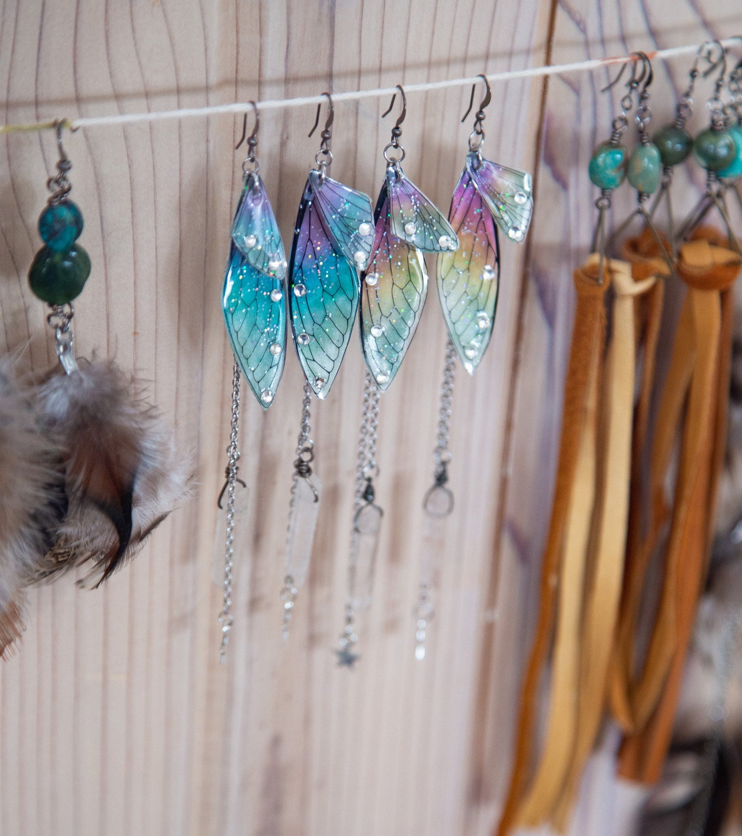Fairy Wing Dangling Earrings with Quartz Crystal and Chain / Whimsical Earrings / Free Spirit Earrings / Fae Earrings / Bohemian Style