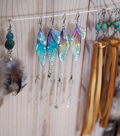 Fairy Wing Dangling Earrings with Quartz Crystal and Chain / Whimsical Earrings / Free Spirit Earrings / Fae Earrings / Bohemian Style