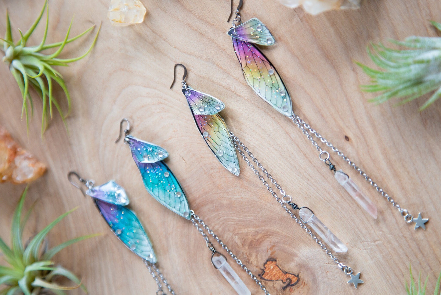 Fairy Wing Dangling Earrings with Quartz Crystal and Chain / Whimsical Earrings / Free Spirit Earrings / Fae Earrings / Bohemian Style