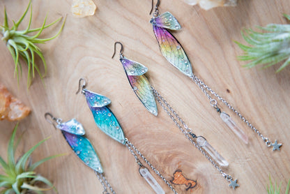 Fairy Wing Dangling Earrings with Quartz Crystal and Chain / Whimsical Earrings / Free Spirit Earrings / Fae Earrings / Bohemian Style