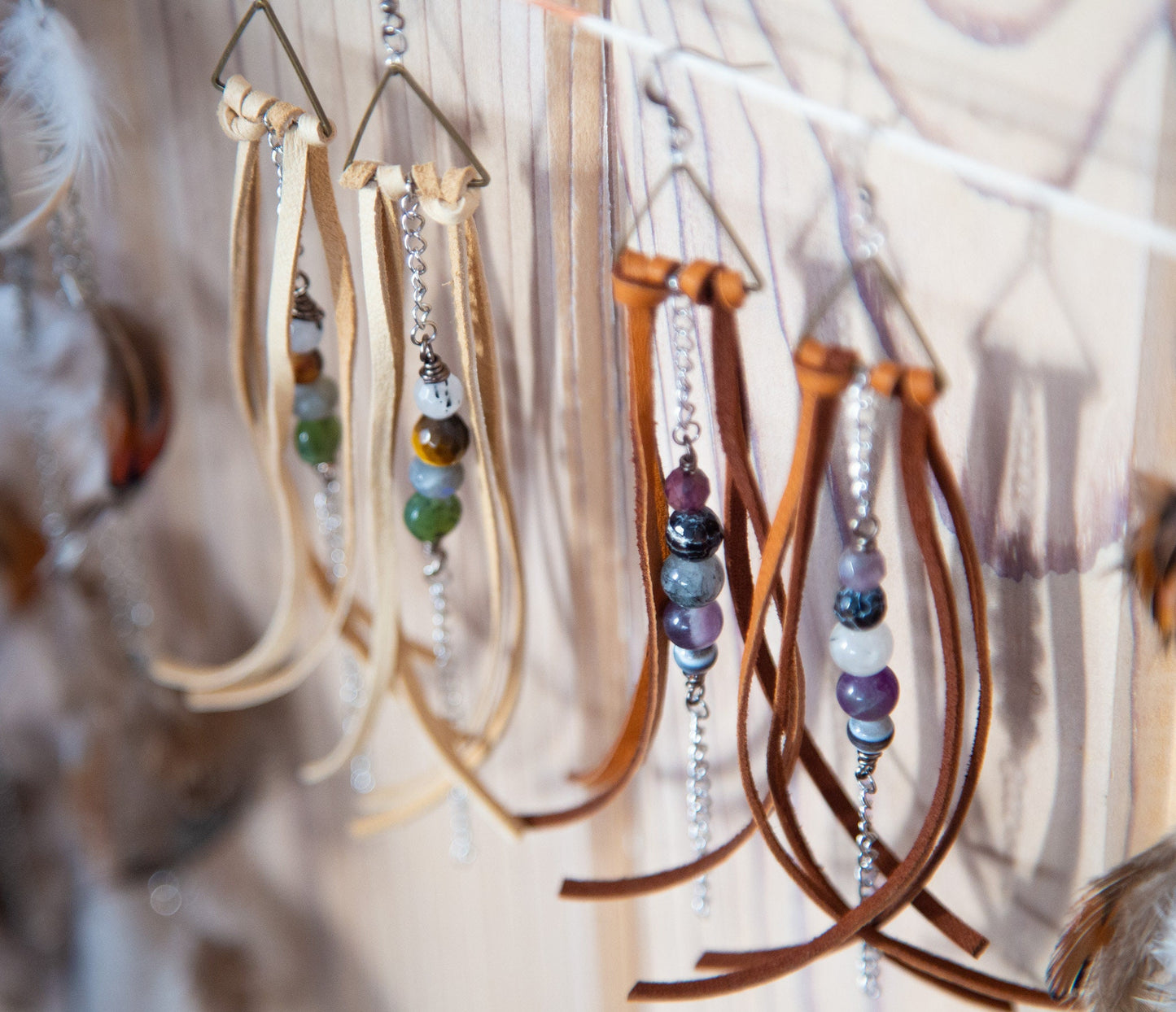 Leather Gemstone Triangle Chain Dangling Earrings
