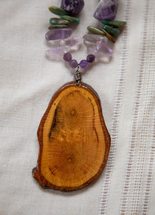 Wood Slice Necklace / Starwood / Earthy Necklace / Chunky Boho /  Turquoise Amethyst Gemstone Necklace / Festival Statement Piece Necklace