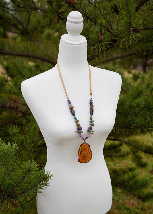 Wood Slice Necklace / Starwood / Earthy Necklace / Chunky Boho /  Turquoise Amethyst Gemstone Necklace / Festival Statement Piece Necklace