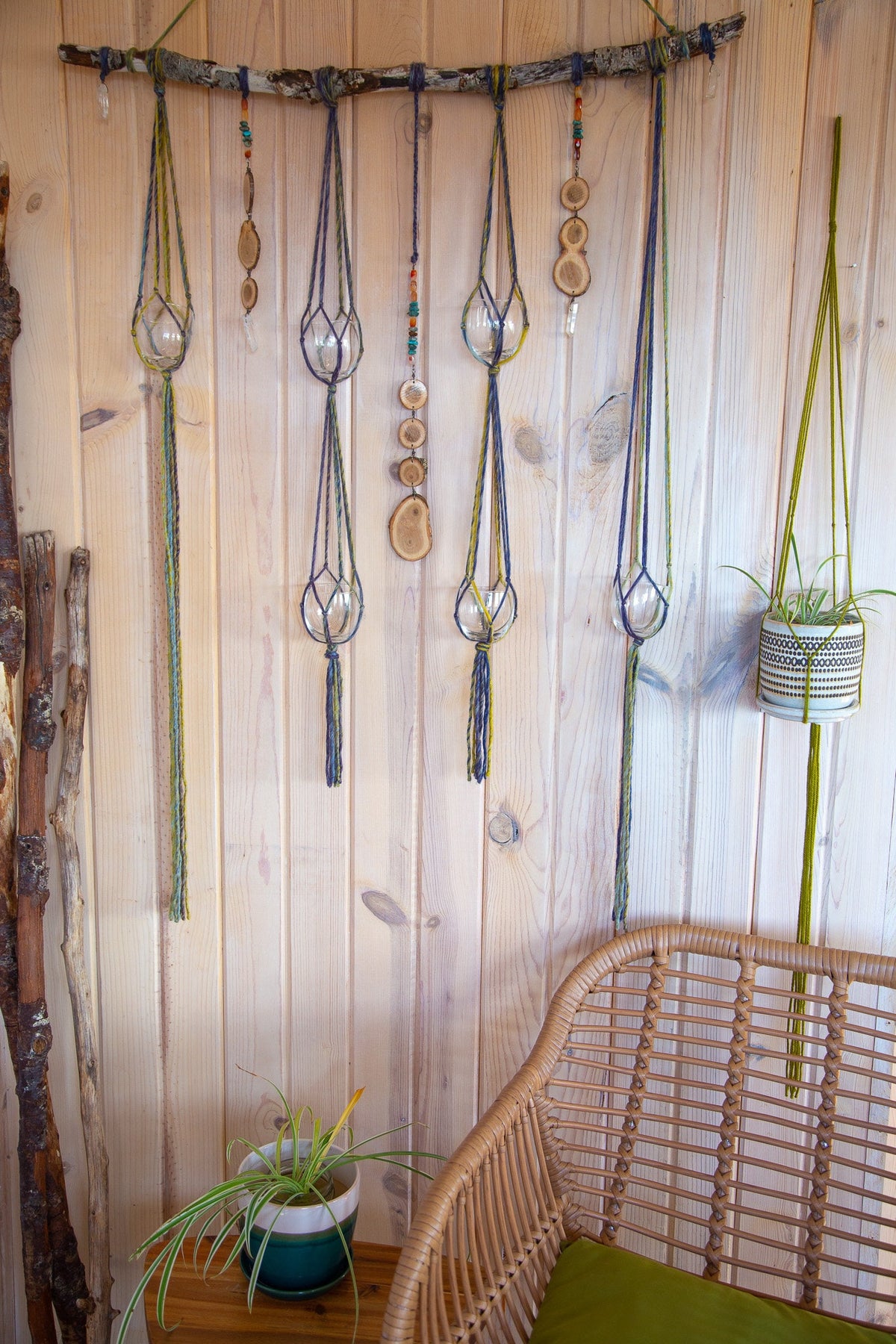 6 Plant Hanger with Quartz, Turqoise, Wood and Fiber