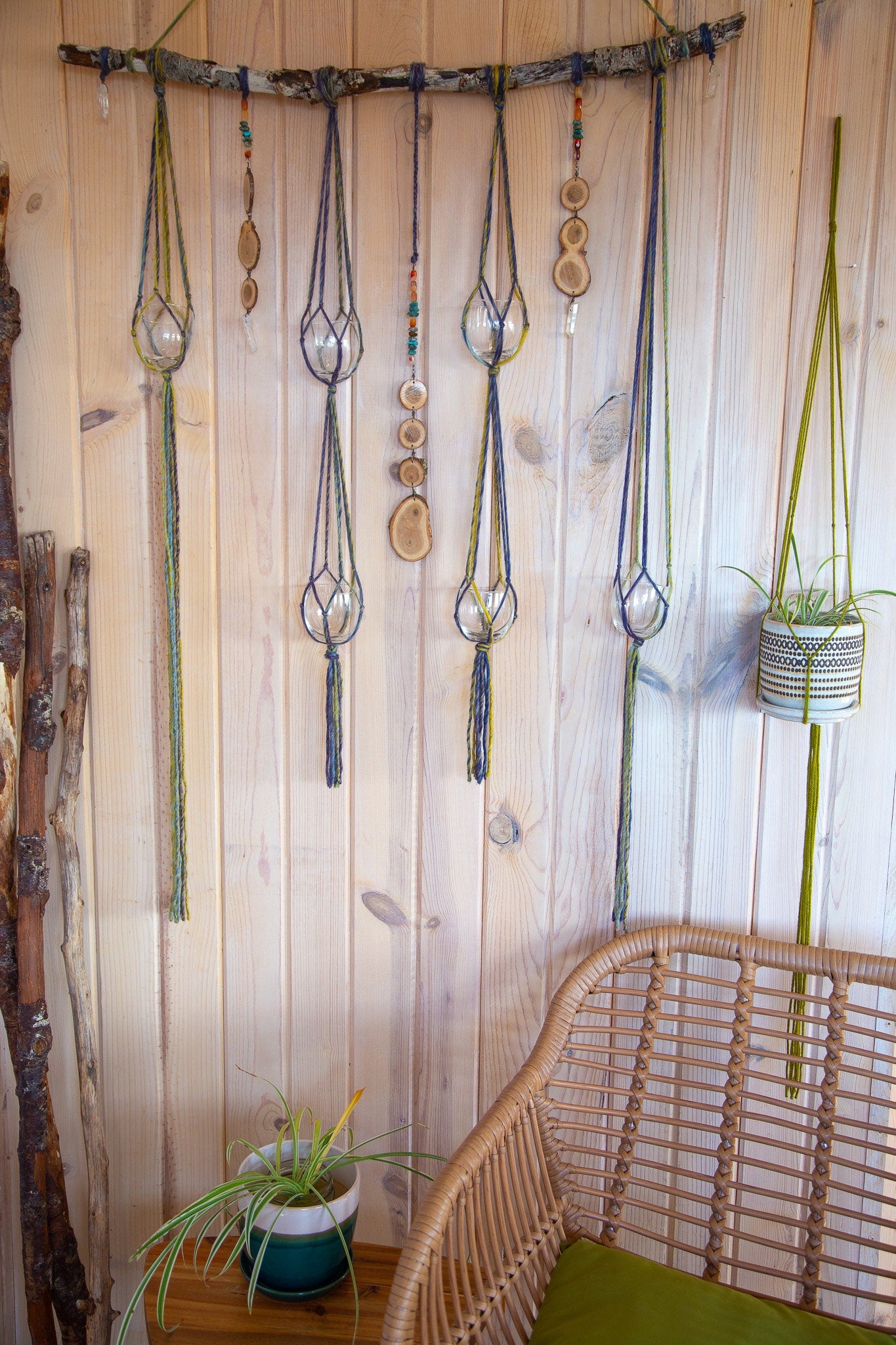 6 Plant Hanger with Quartz, Turqoise, Wood and Fiber