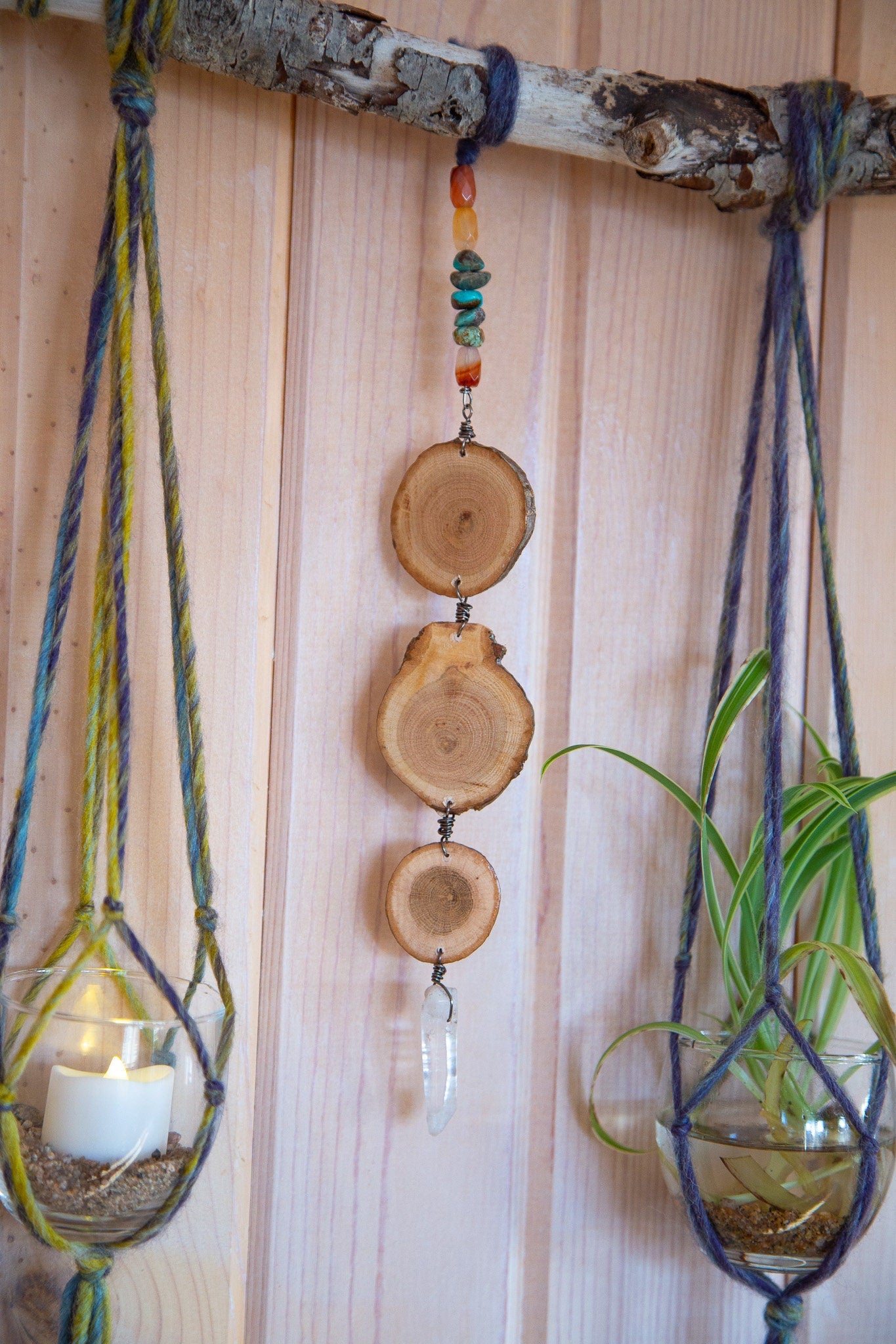 carnelian quartz crystal & turquoise gemstone, wood slice, 6 plant hanger wall hanging / earthy home decor / hanging planter candle holder