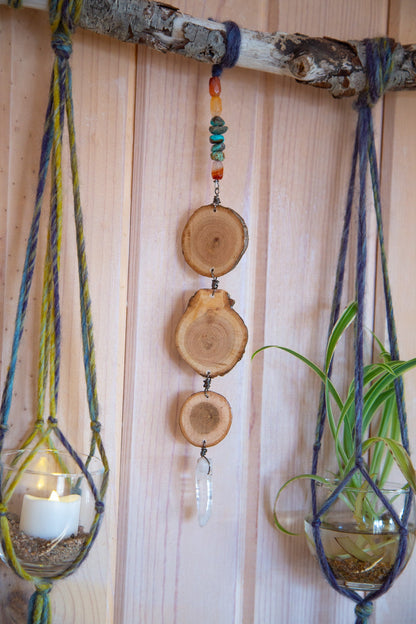 carnelian quartz crystal & turquoise gemstone, wood slice, 6 plant hanger wall hanging / earthy home decor / hanging planter candle holder