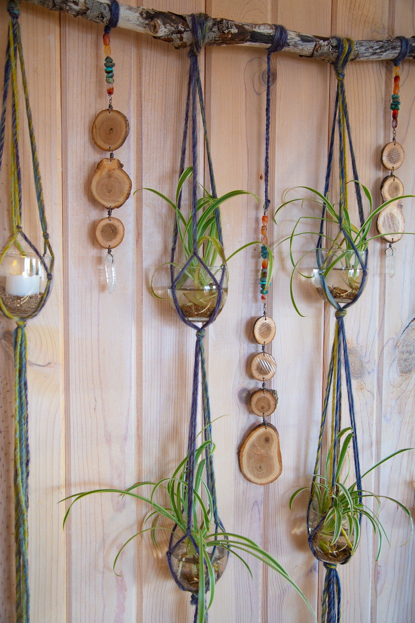 carnelian quartz crystal & turquoise gemstone, wood slice, 6 plant hanger wall hanging / earthy home decor / hanging planter candle holder