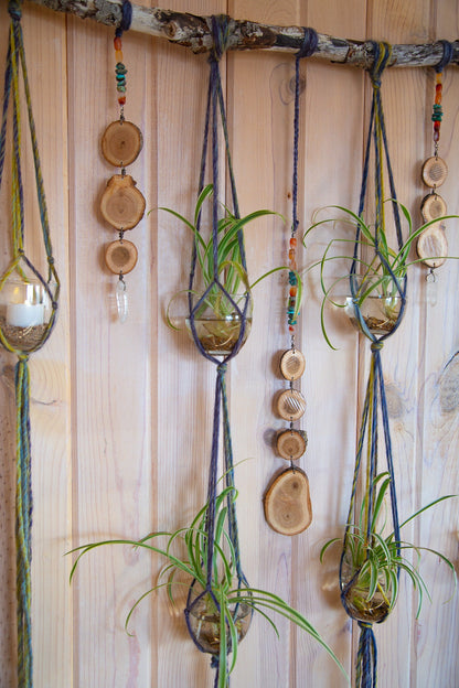 carnelian quartz crystal & turquoise gemstone, wood slice, 6 plant hanger wall hanging / earthy home decor / hanging planter candle holder
