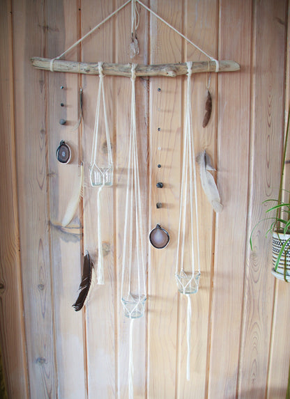 Driftwood Wall Hanging | agate slice gemstone feather 3 piece planter candle holder