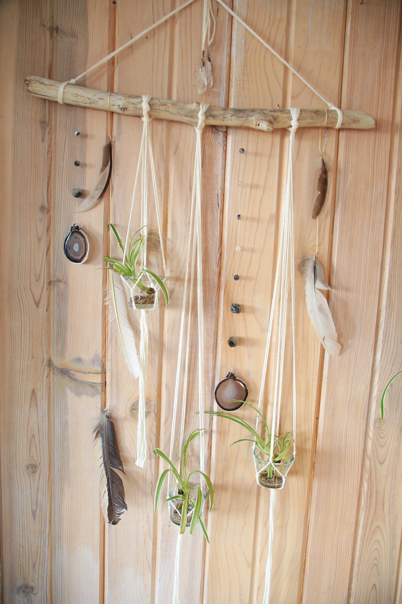 Driftwood Wall Hanging | agate slice gemstone feather 3 piece planter candle holder