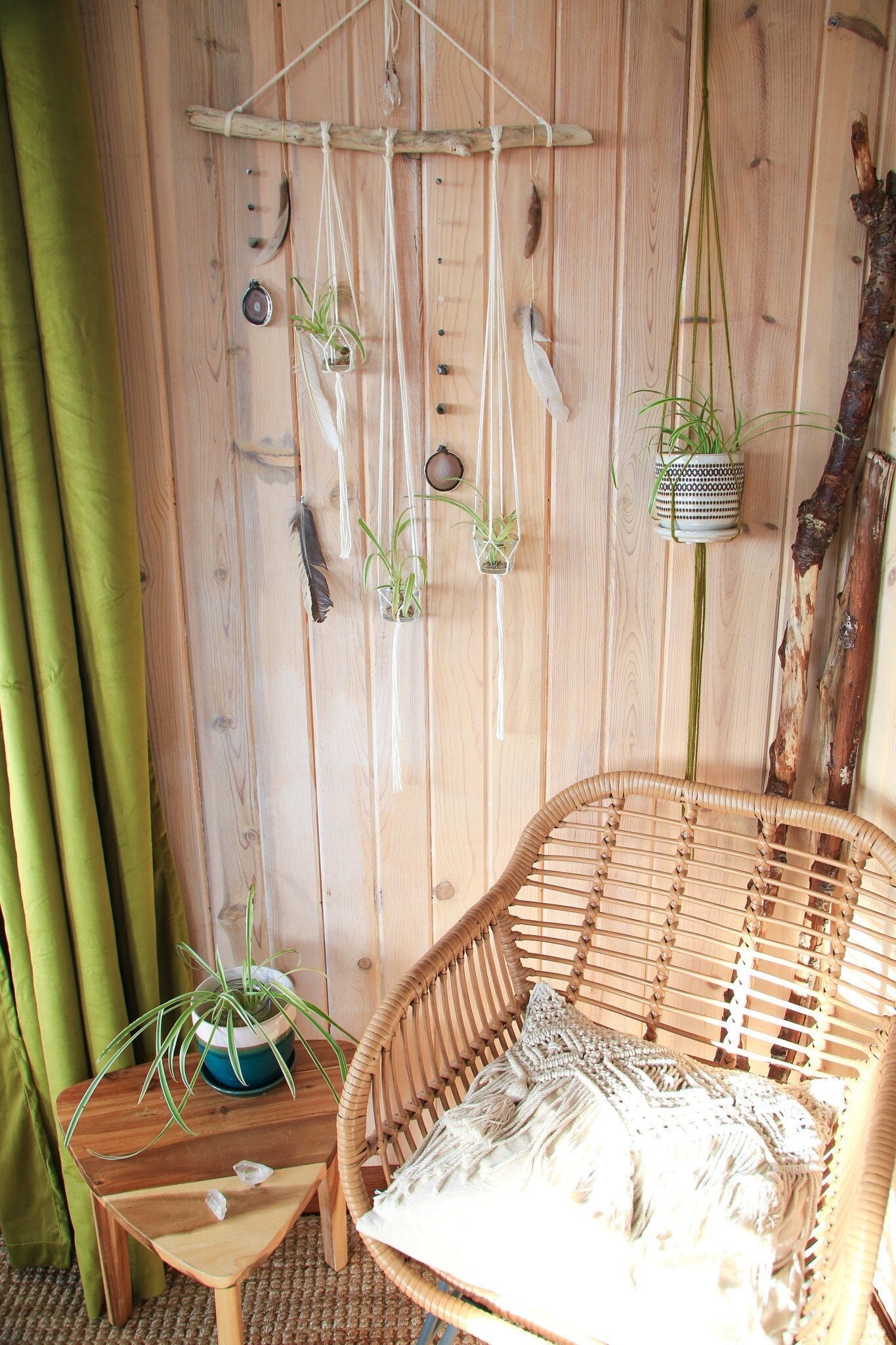 Driftwood Wall Hanging | agate slice gemstone feather 3 piece planter candle holder