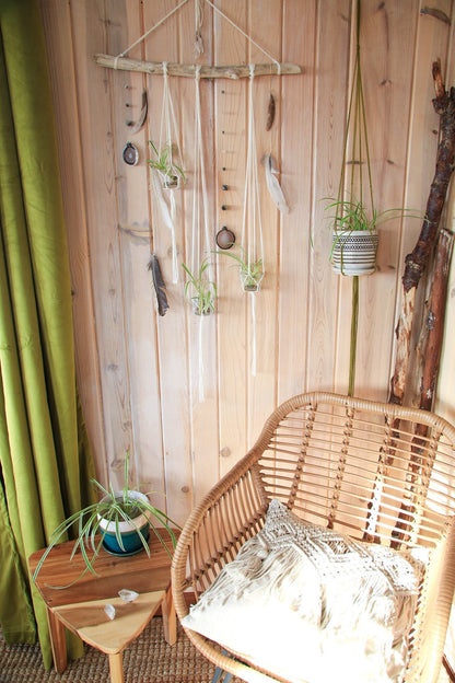 Driftwood Wall Hanging | agate slice gemstone feather 3 piece planter candle holder