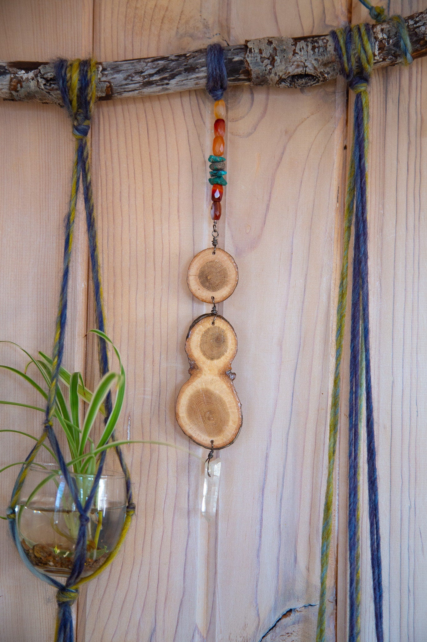carnelian quartz crystal & turquoise gemstone, wood slice, 6 plant hanger wall hanging / earthy home decor / hanging planter candle holder
