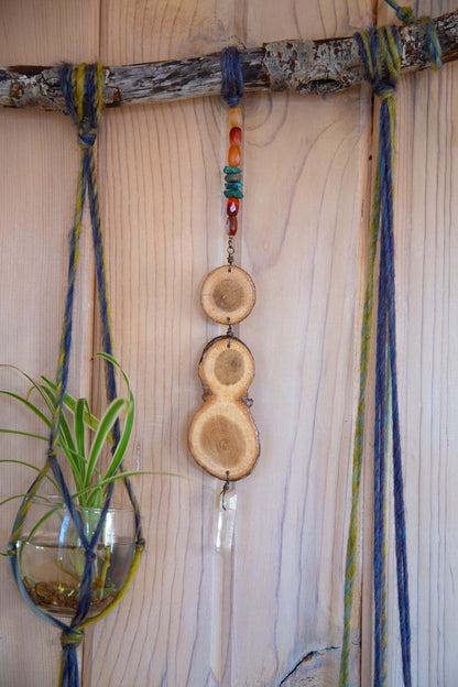 carnelian quartz crystal & turquoise gemstone, wood slice, 6 plant hanger wall hanging / earthy home decor / hanging planter candle holder