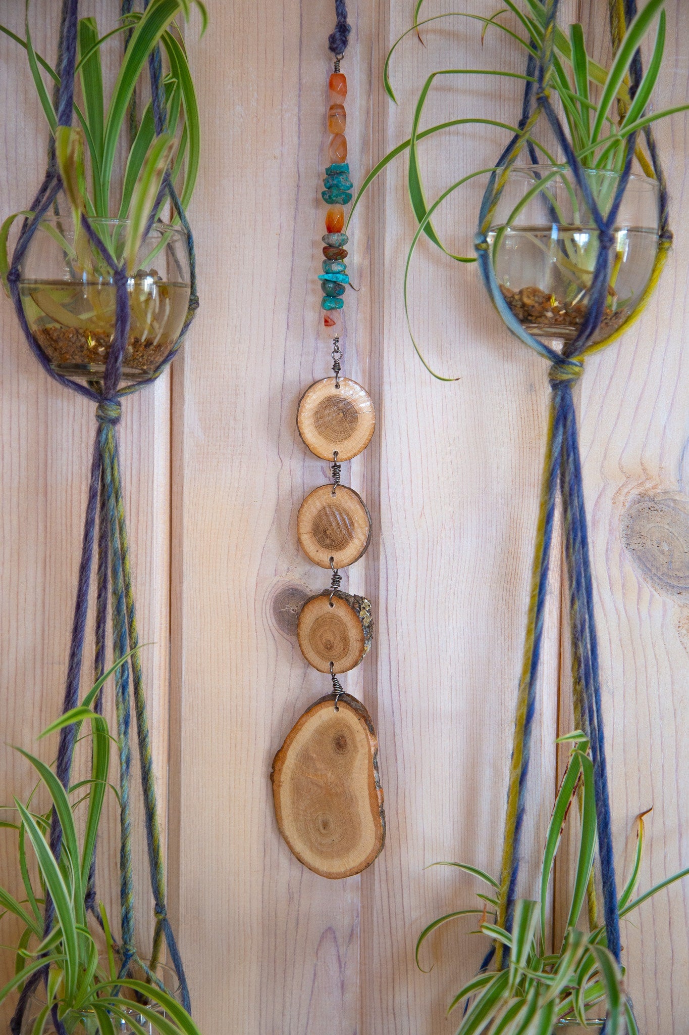 carnelian quartz crystal & turquoise gemstone, wood slice, 6 plant hanger wall hanging / earthy home decor / hanging planter candle holder
