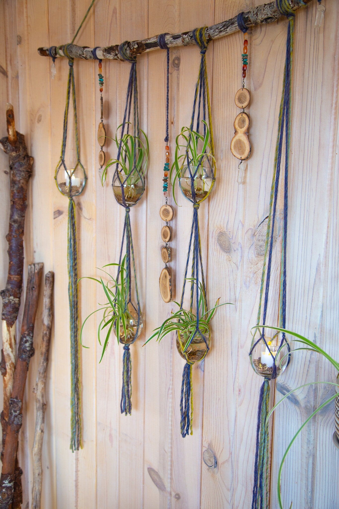 6 Plant Hanger with Quartz, Turqoise, Wood and Fiber