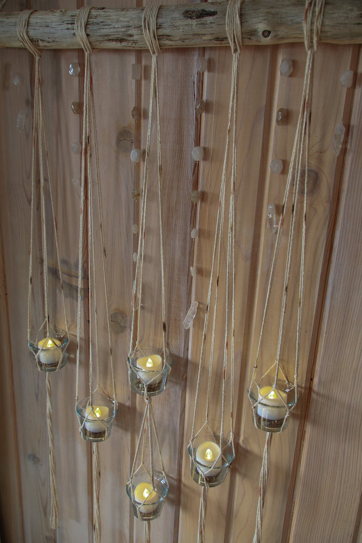 6 piece hanging planter candle holder gemstone driftwood wall hanging