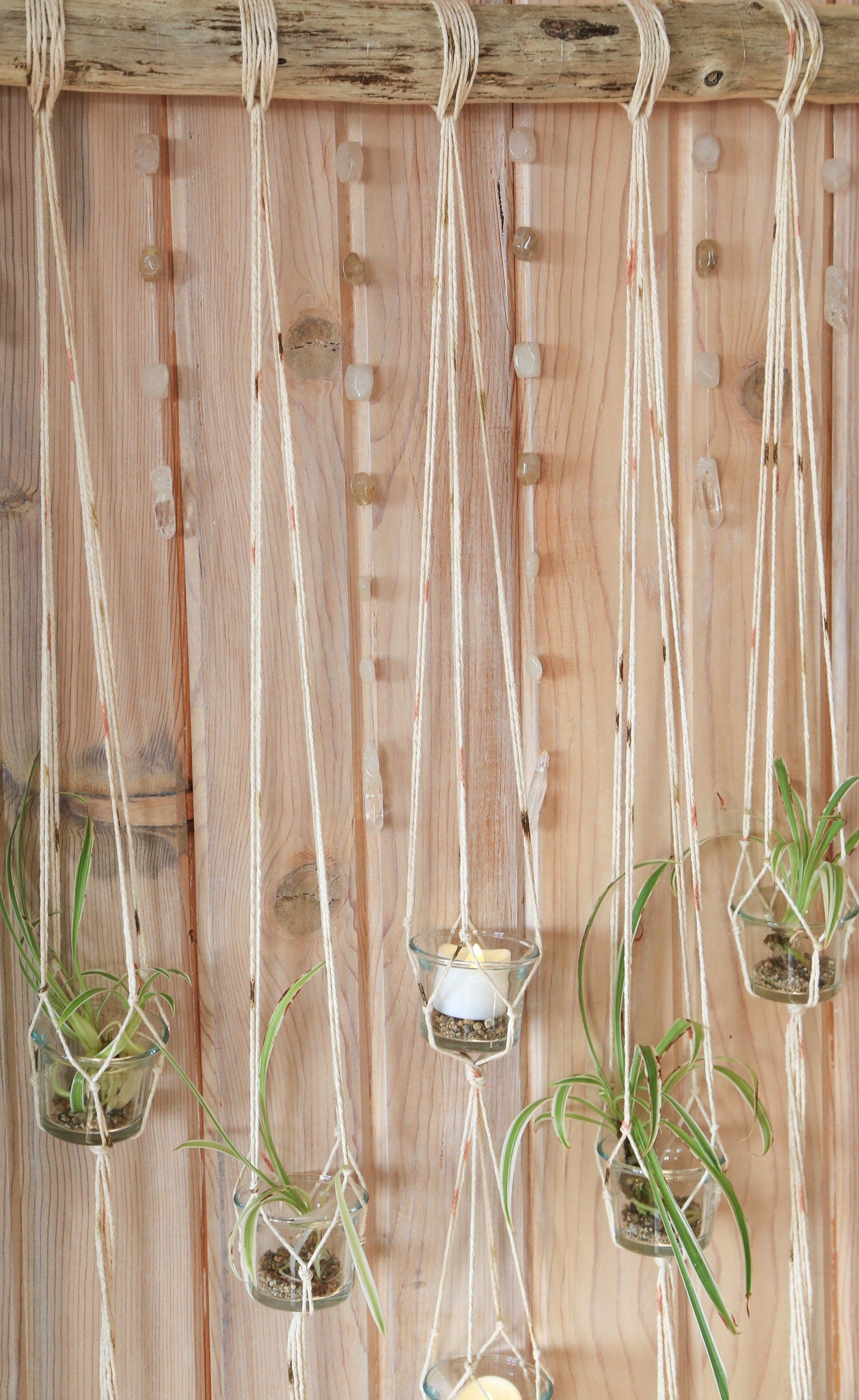 6 piece hanging planter candle holder gemstone driftwood wall hanging