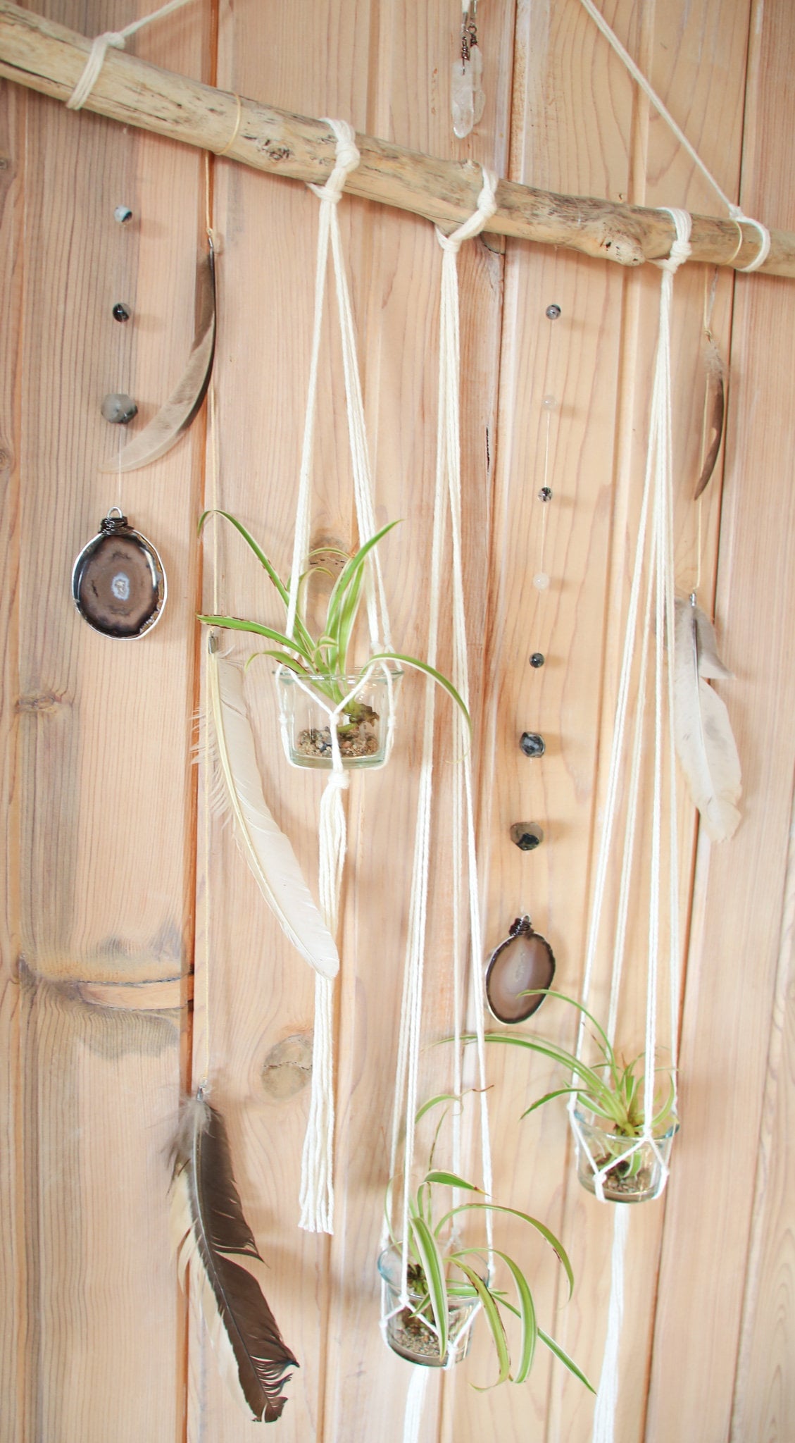 Driftwood Wall Hanging | agate slice gemstone feather 3 piece planter candle holder