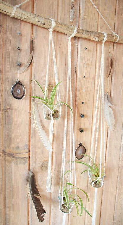 Driftwood Wall Hanging | agate slice gemstone feather 3 piece planter candle holder