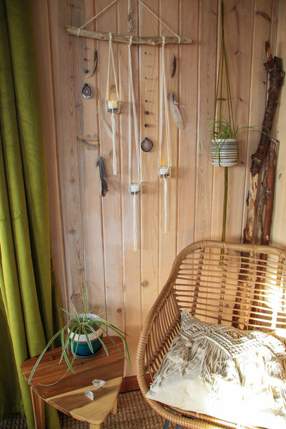 Driftwood Wall Hanging | agate slice gemstone feather 3 piece planter candle holder