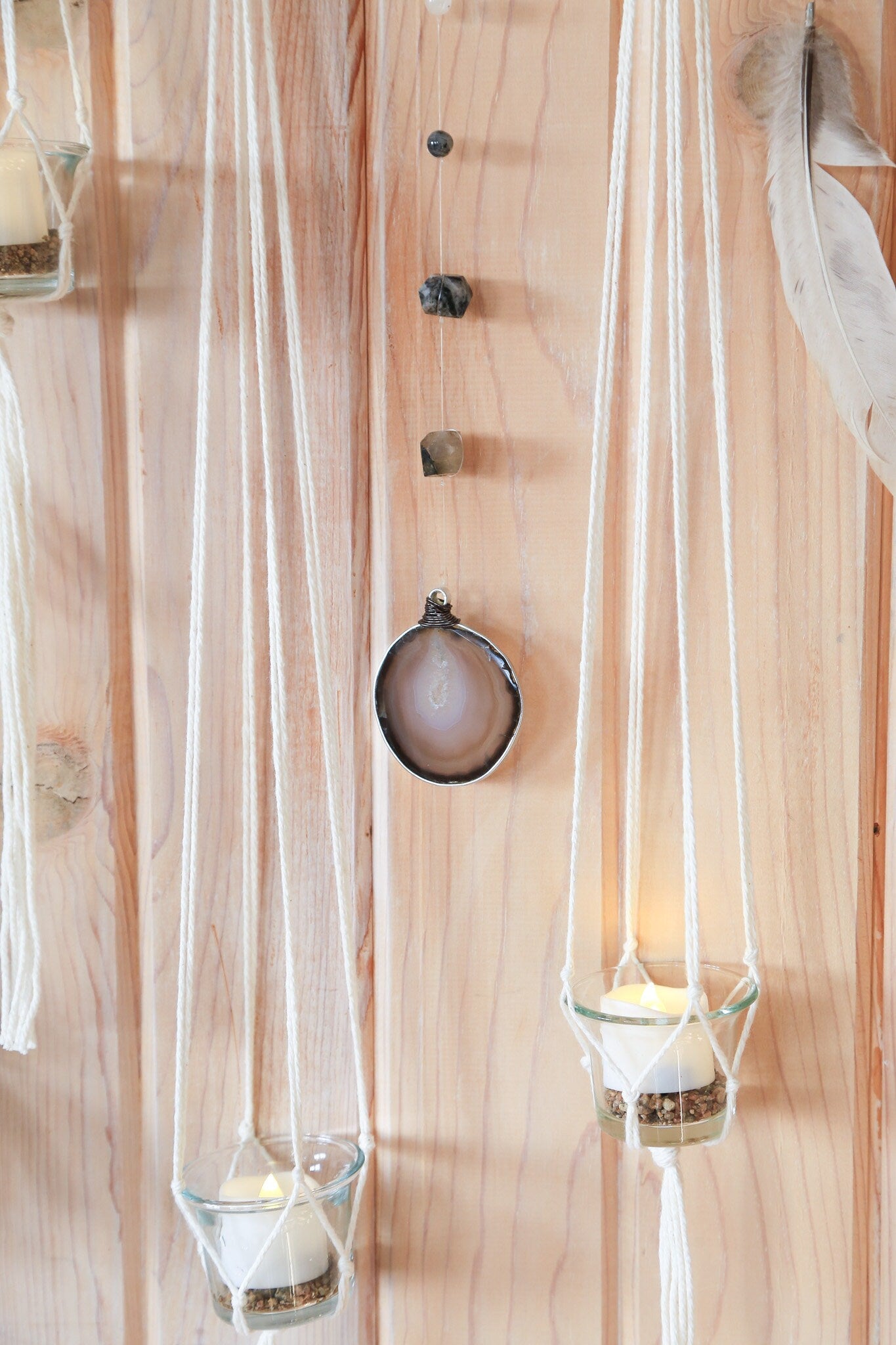 Driftwood Wall Hanging | agate slice gemstone feather 3 piece planter candle holder