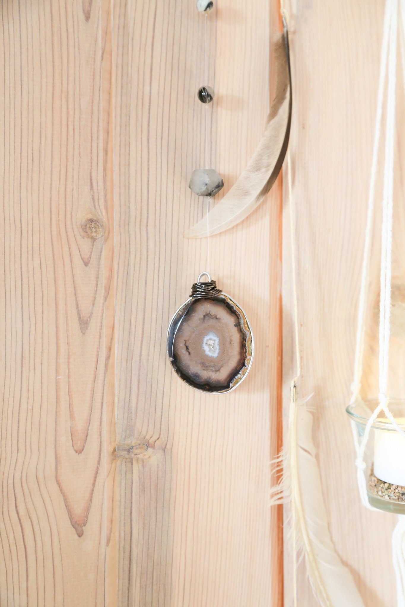 Driftwood Wall Hanging | agate slice gemstone feather 3 piece planter candle holder