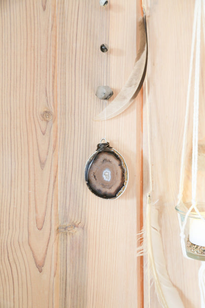 Driftwood Wall Hanging | agate slice gemstone feather 3 piece planter candle holder