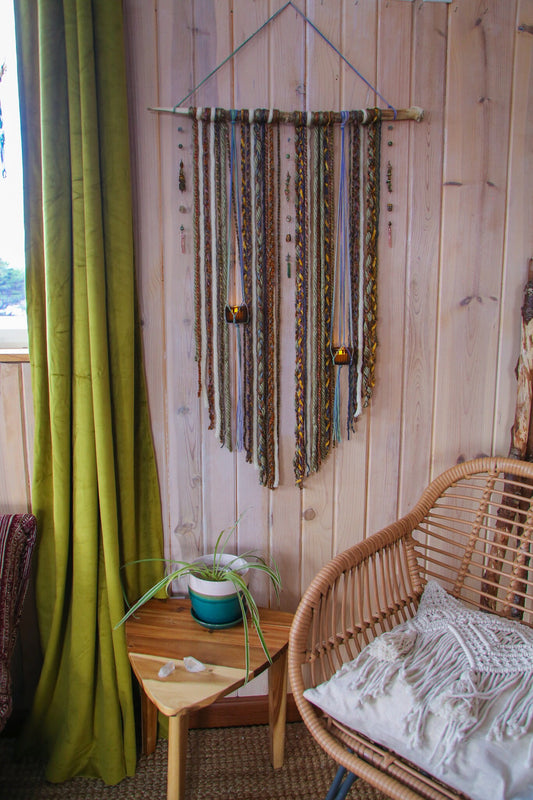 earthy gemstone double candle holder driftwood wall hanging / boho home decor / nature wall art / boho style / hanging candle holder