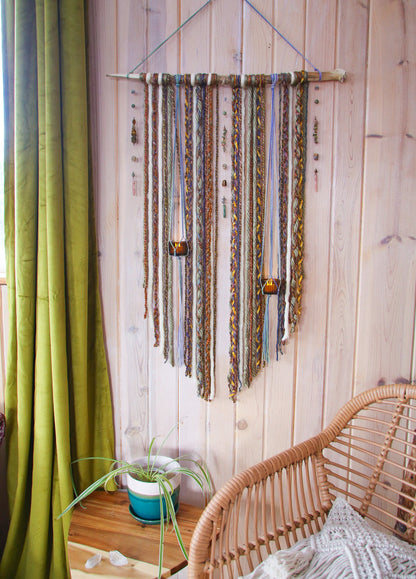 earthy gemstone double candle holder driftwood wall hanging / boho home decor / nature wall art / boho style / hanging candle holder