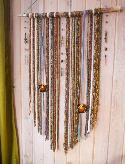 earthy gemstone double candle holder driftwood wall hanging / boho home decor / nature wall art / boho style / hanging candle holder