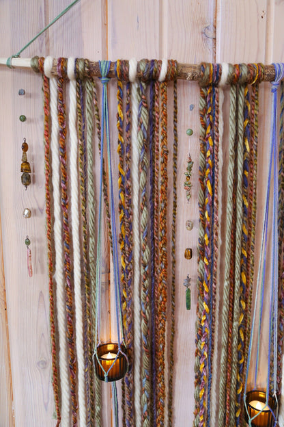 earthy gemstone double candle holder driftwood wall hanging / boho home decor / nature wall art / boho style / hanging candle holder