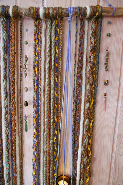 earthy gemstone double candle holder driftwood wall hanging / boho home decor / nature wall art / boho style / hanging candle holder