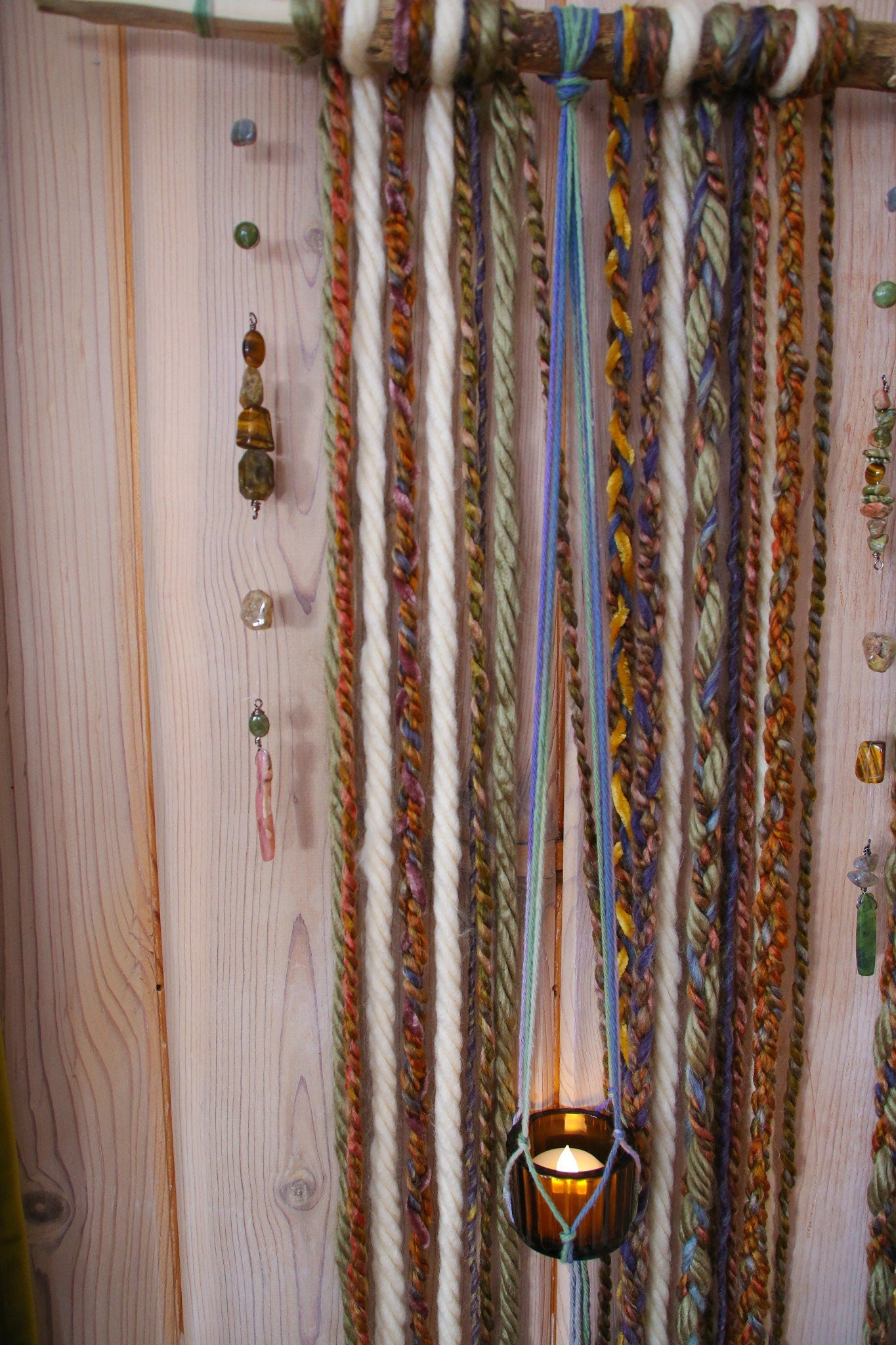 earthy gemstone double candle holder driftwood wall hanging / boho home decor / nature wall art / boho style / hanging candle holder